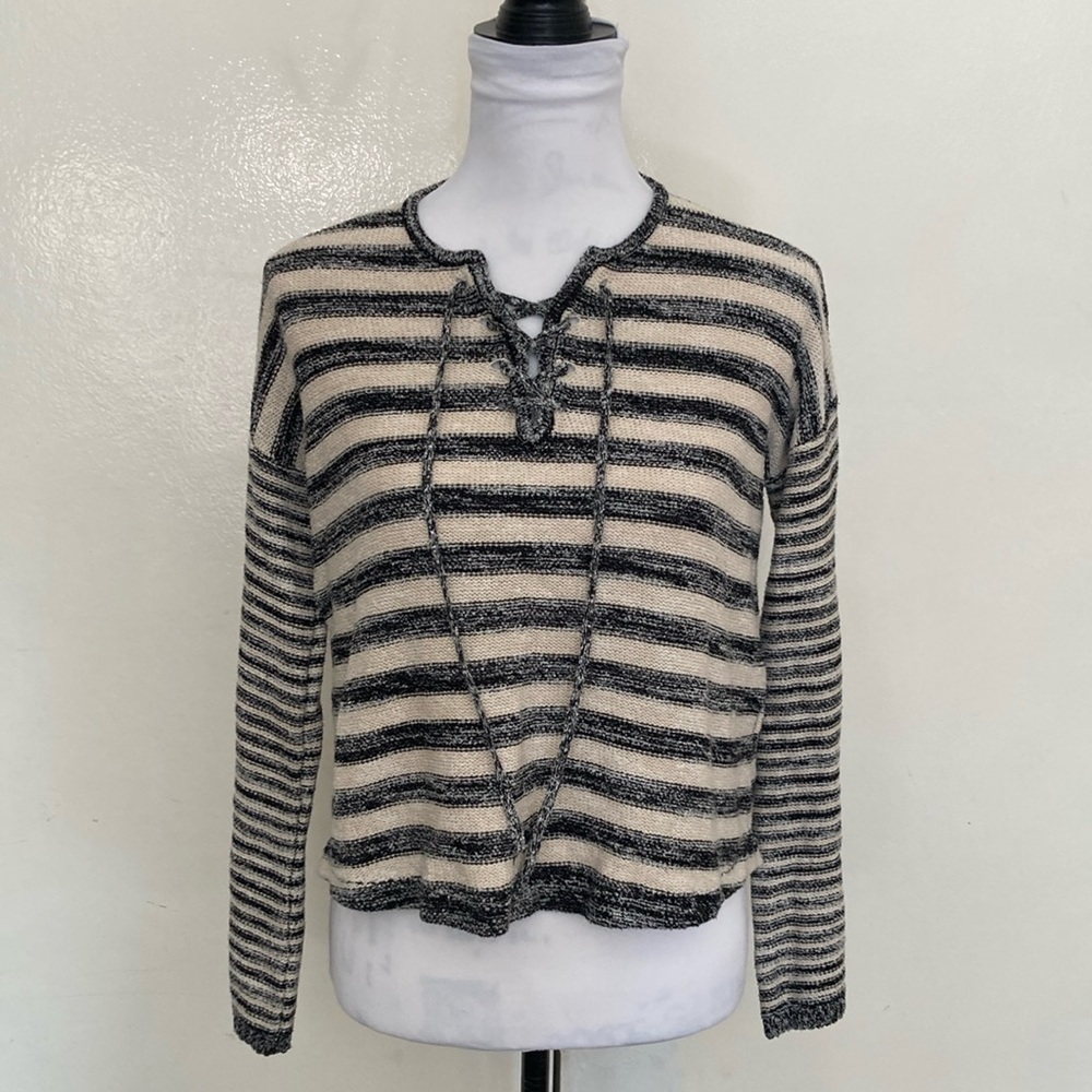 Billabong Striped Lace-Up Knit Sweater in Cream and Black